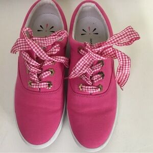 New Women’s Isaac Mizrahi Pink Canvas Lace-Up Sneakers with Gingham Ribbon